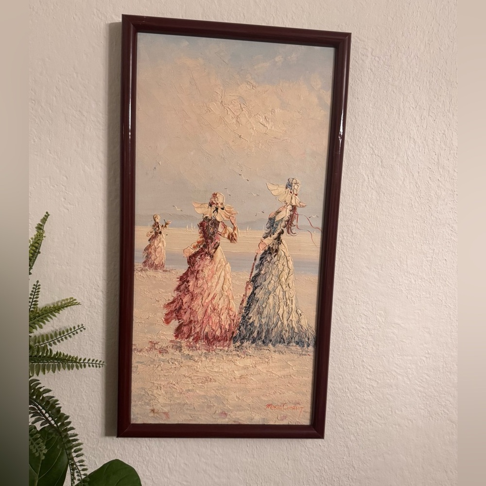 Vintage original oil painting signed by artist, Victorian beach ladies